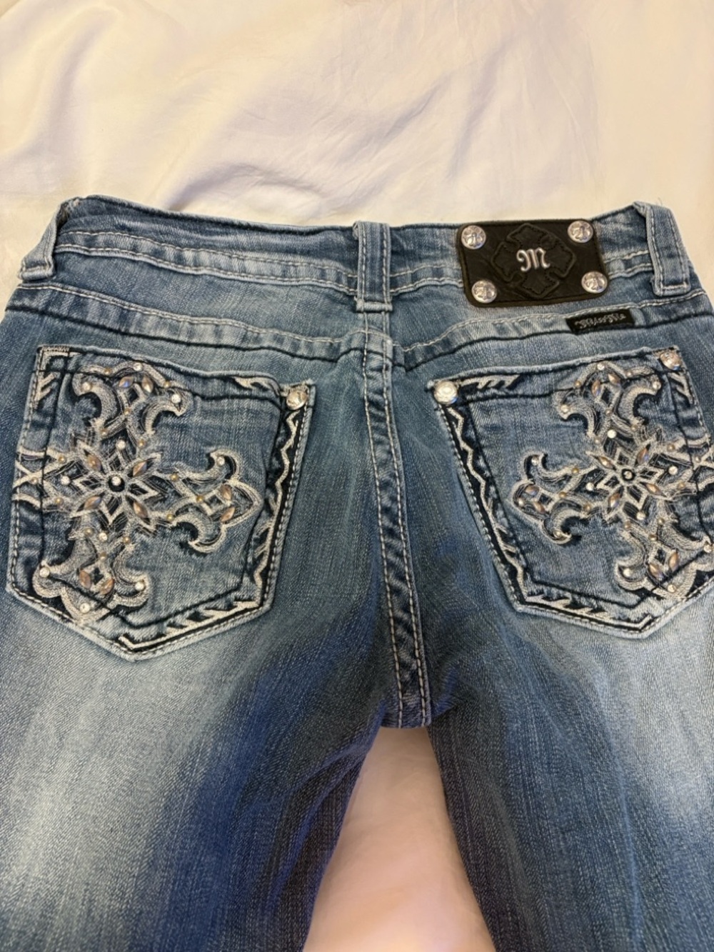 Vintage Miss Me Light Blue Embroidered Rhinestone Bootcut Jeans